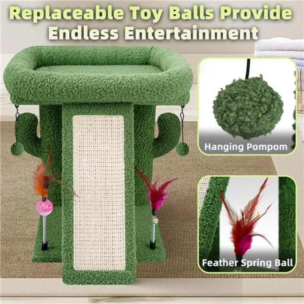 Cactus Cat Tree Tower with Cat Scratching Post with Playful Toy Balls, Green